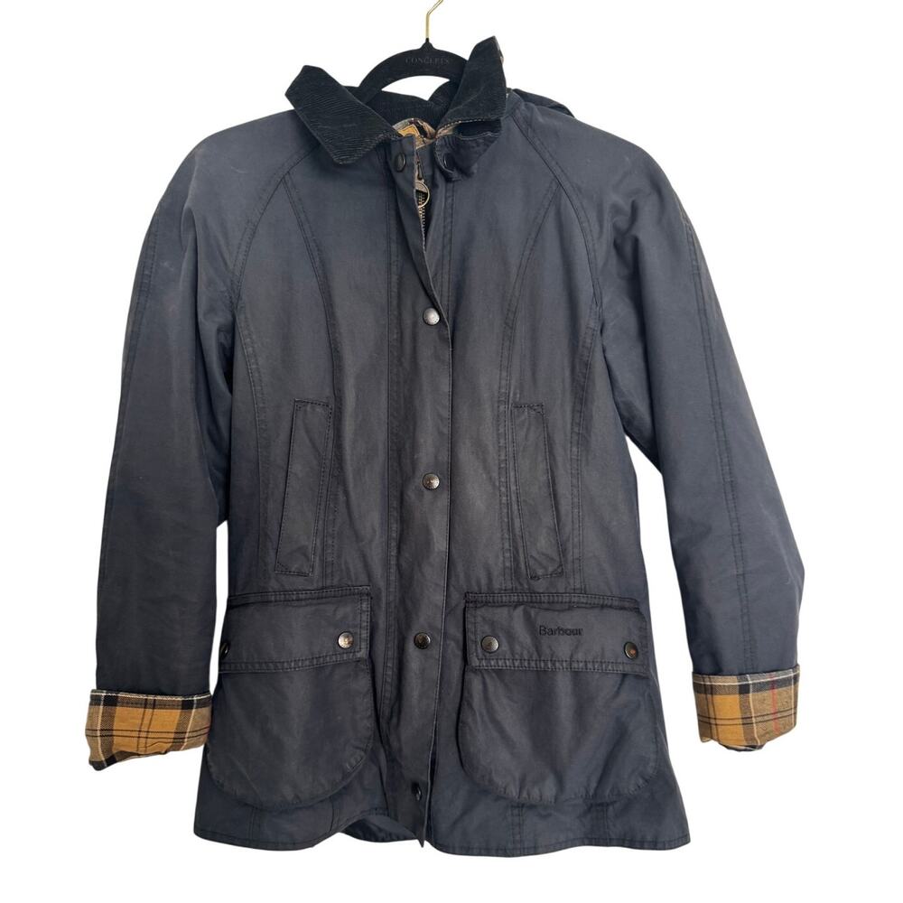 Barbour Navy Jacket with Tan Plaid Lining